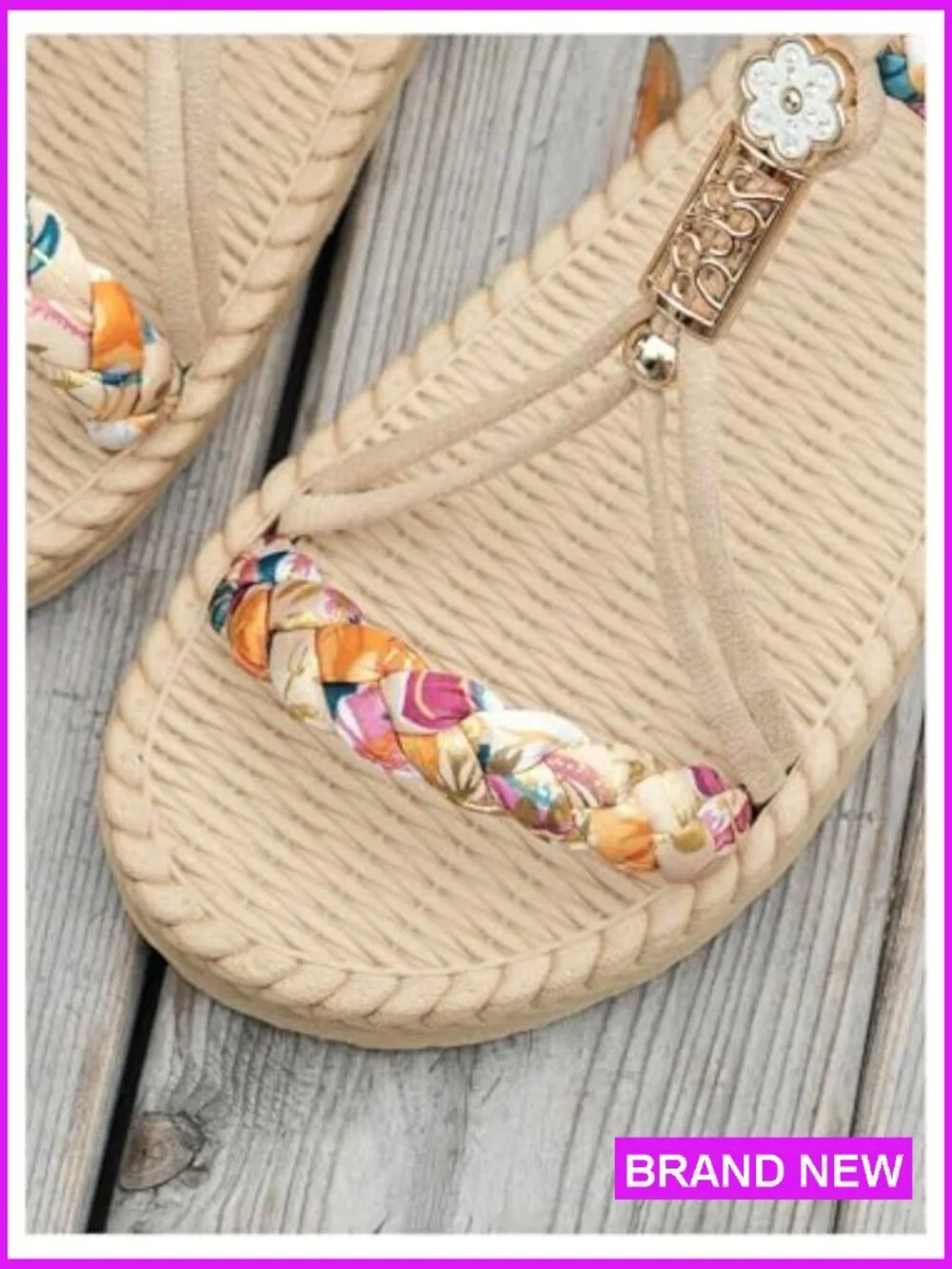 Woven Sandals Floral Print Open Toe Vacation Beach Flat Shoes Ankle Strap